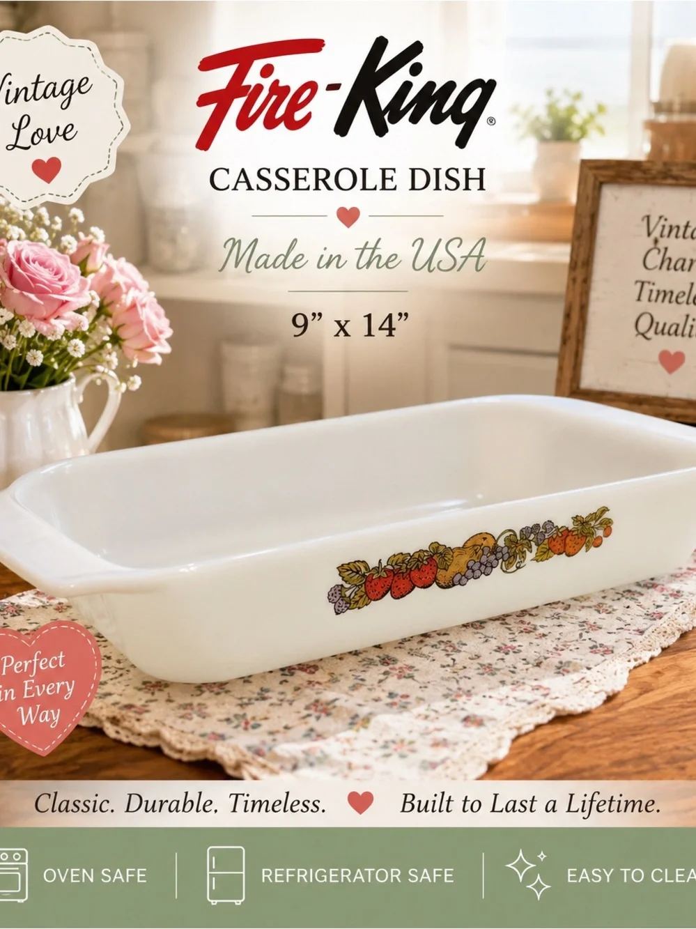 Fire King White Casserole Dish with Fruit Motif